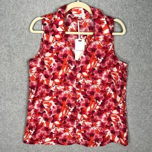 Pleione Anthropologie Shirt Women Small Red Button Blouse Floral Resort Coastal‎